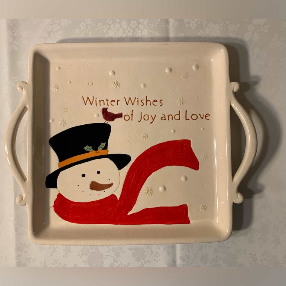 EUC Russ Berrie Snowman Crackle Glazed Handpainted Ceramic Tray W/Handles